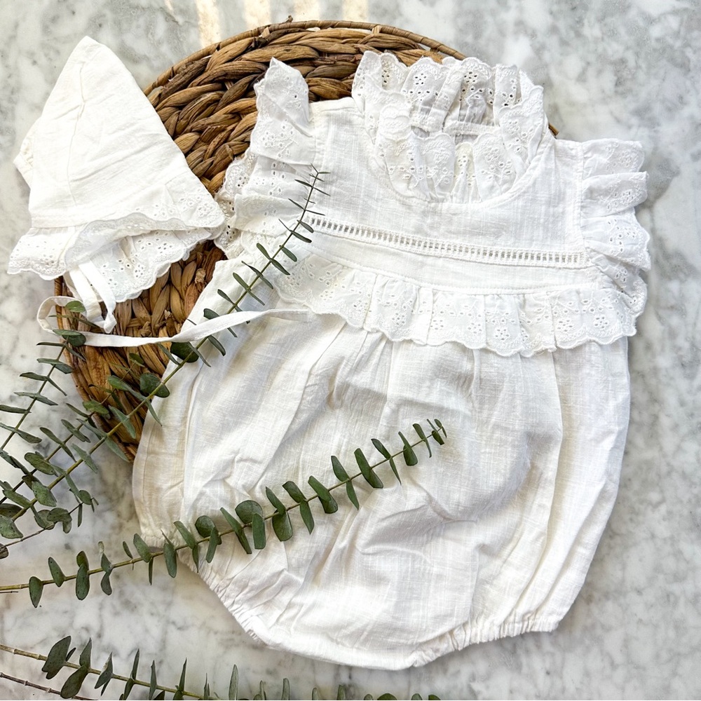 Boutique White Gauze Eyelet Bodysuit + Bonnet